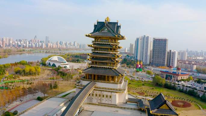 4K航拍环绕山东省临沂市美术馆城市风景