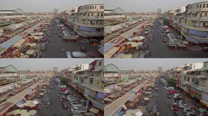 鸟瞰柬埔寨拥挤的街市。