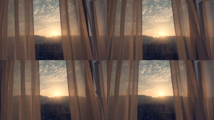 日出时的窗帘窗纱白纱窗台窗外风景生活朝阳