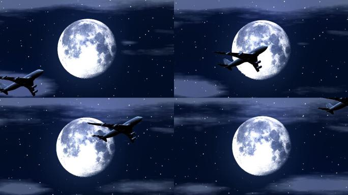 星夜中飞机飞越月球的动画