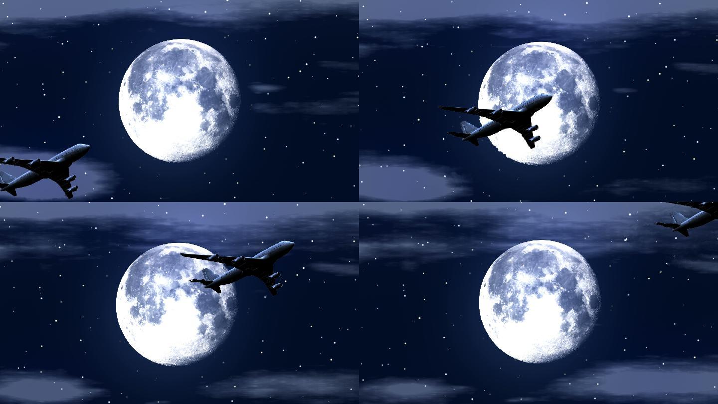 星夜中飞机飞越月球的动画