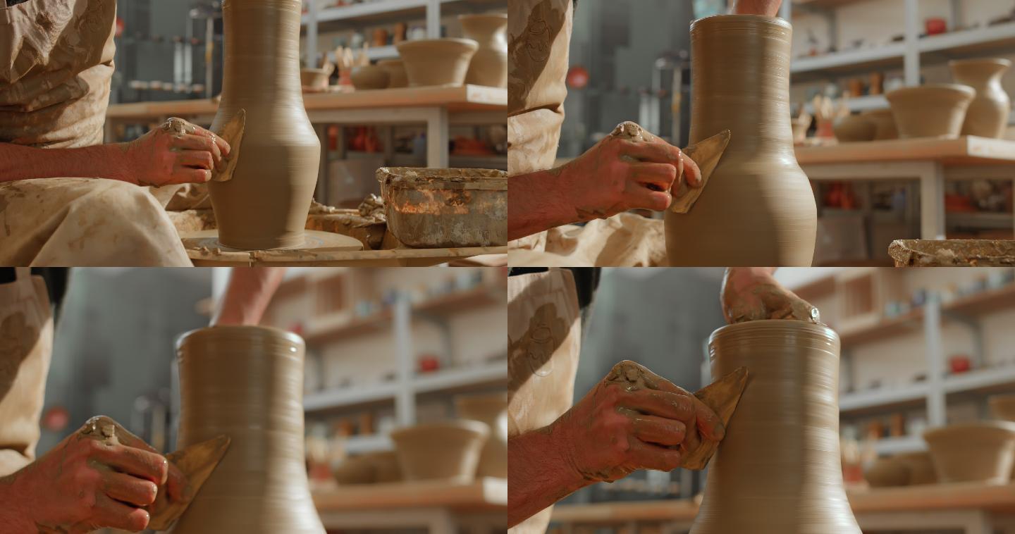 陶工在制作花瓶匠心传承技术黏土陶土捏制器