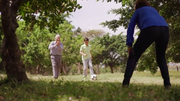 快乐家庭爷爷奶奶和男孩踢足球