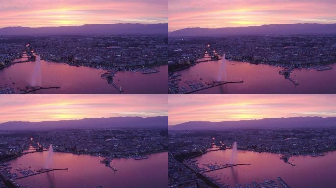 日内瓦日落美景的空中拍摄