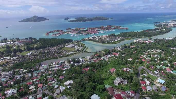 塞舌尔群岛4k 高清航拍海岸线 城市上空