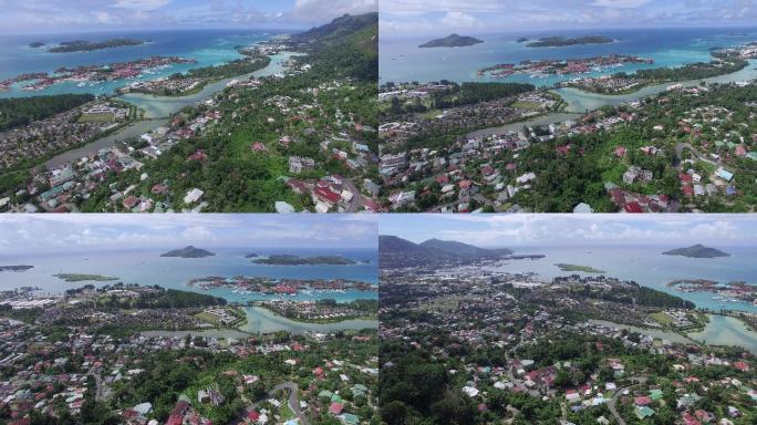 塞舌尔群岛4k 高清航拍海岸线 城市上空