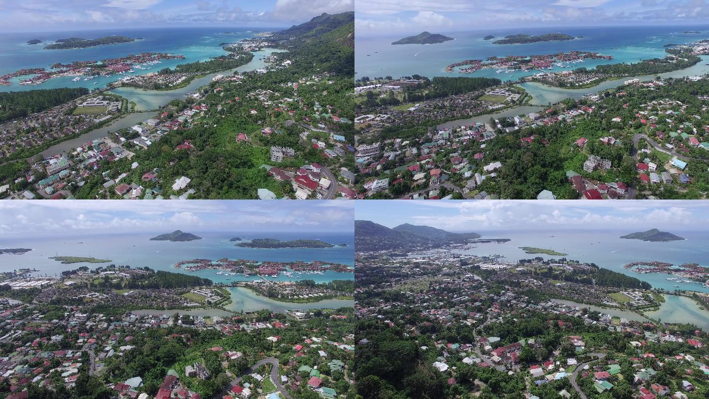 塞舌尔群岛4k 高清航拍海岸线 城市上空