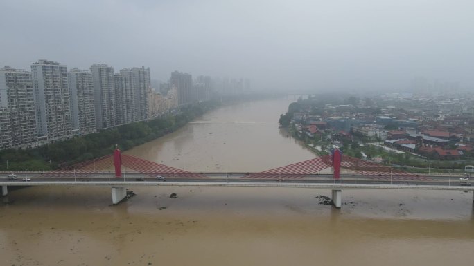 航拍河流涨洪水洪涝灾害漳州战备大桥