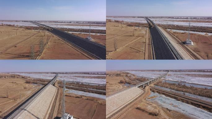 航拍冬天酒额铁路桥