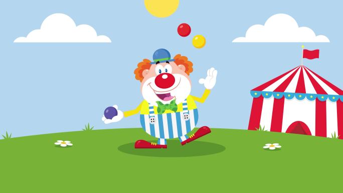 有气球和生日蛋糕的滑稽小丑卡通人物