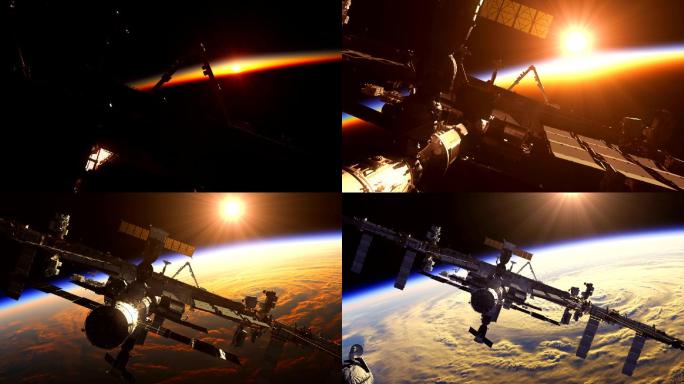 日出背景下的国际空间站