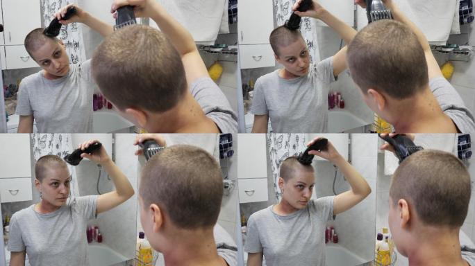 癌症患者在浴室修剪头发