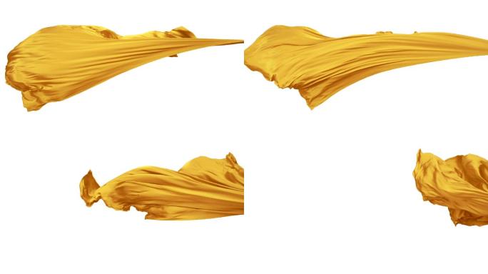黄色织物在白色背景上流动，慢动作