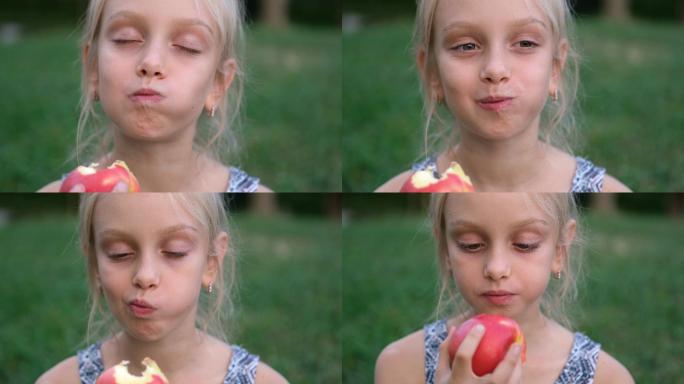 吃苹果少女大快朵颐陶醉