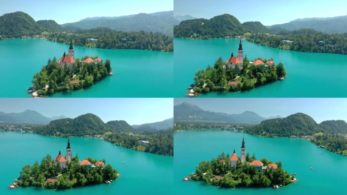 美丽的湖景中有小岛和教堂