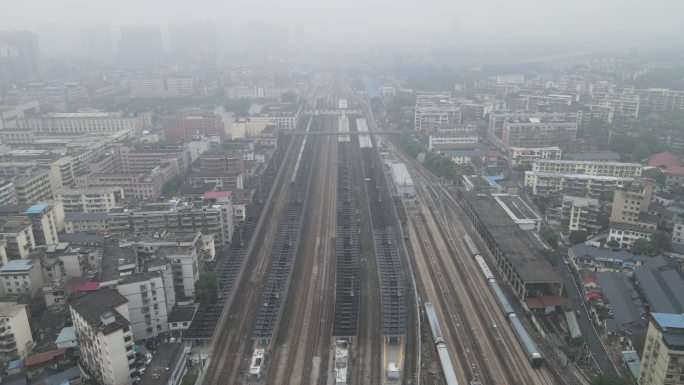 航拍铁路交通枢纽站衡阳火车站