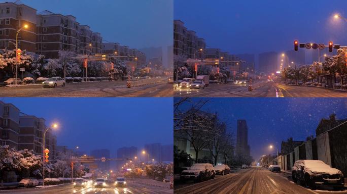 唯美夜景蓝调城市道路雪景