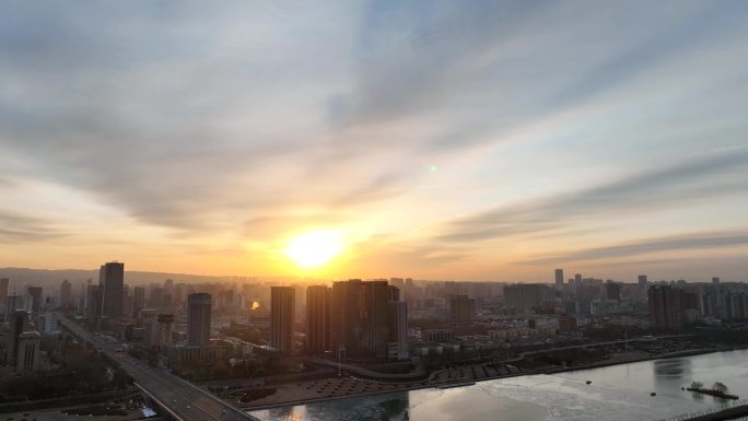 航拍山西太原日出