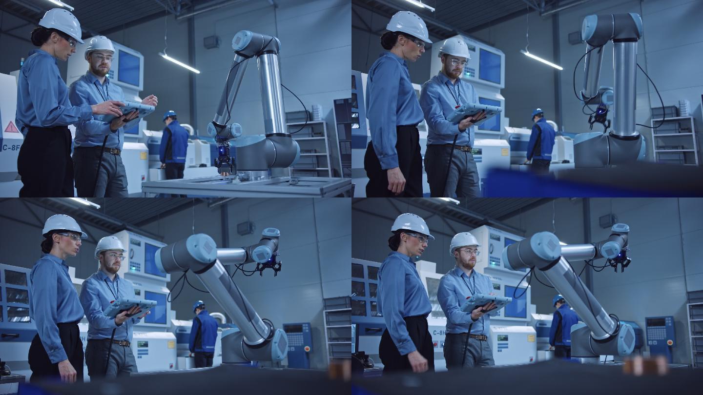 男性机械操作员使用工业数字平板电脑工作