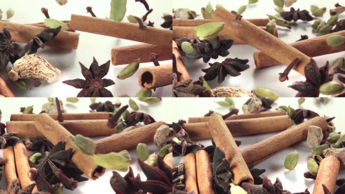 白色背景中掉落的调料
