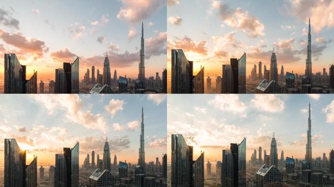 日出时迪拜航拍延时摄影