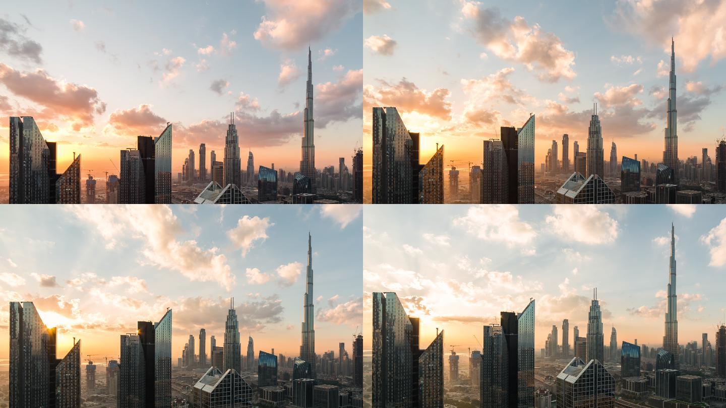 日出时迪拜航拍延时摄影