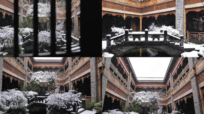 中式庭院建筑雪景