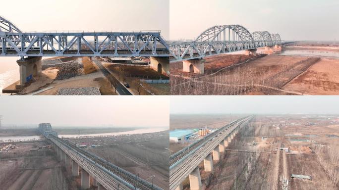 航拍京杭高铁动车组穿过黄河大桥素材