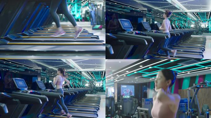 女生在健身房的跑步机上跑步4k