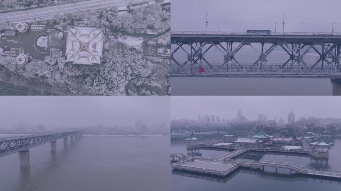 航拍武汉黄鹤楼一桥东湖雪景4K