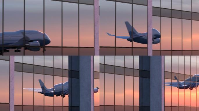 起飞的飞机飞机起飞迎着夕阳起飞