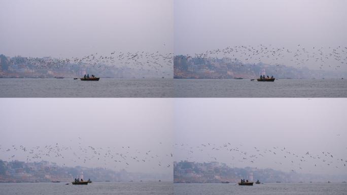 印度瓦拉纳西恒河旅游船和海鸥