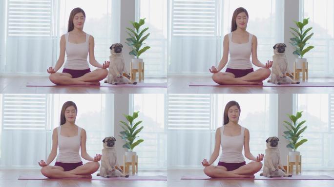 女子和狗狗一起做瑜伽