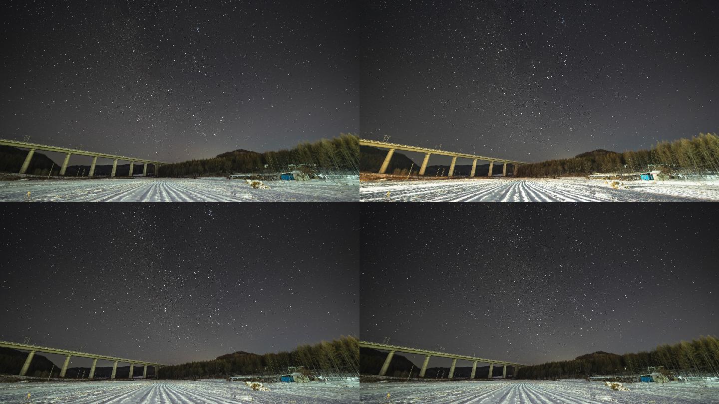 4K冬季乡村高铁桥梁星空延时摄影
