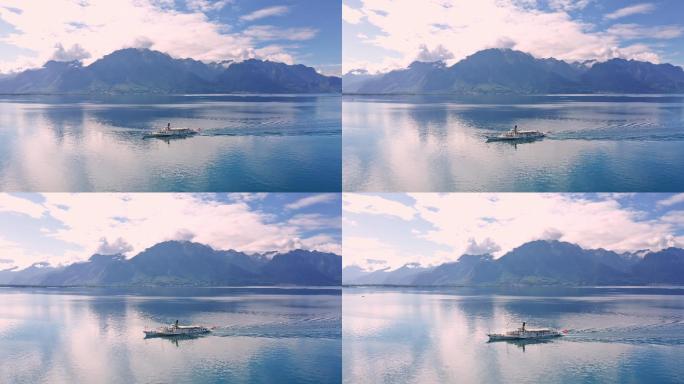 跟随瑞士游览船在日内瓦湖的空中拍摄。