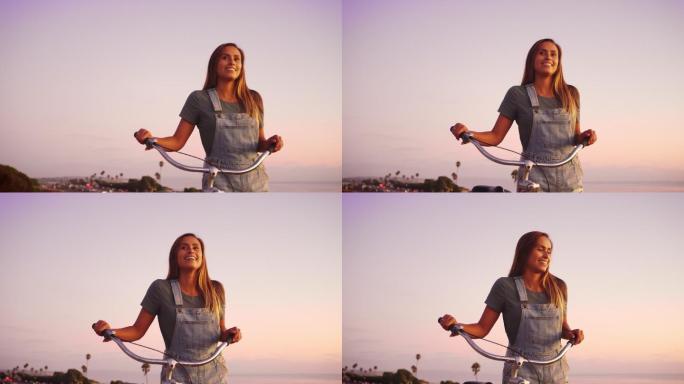 日落时女子推着自行车行走