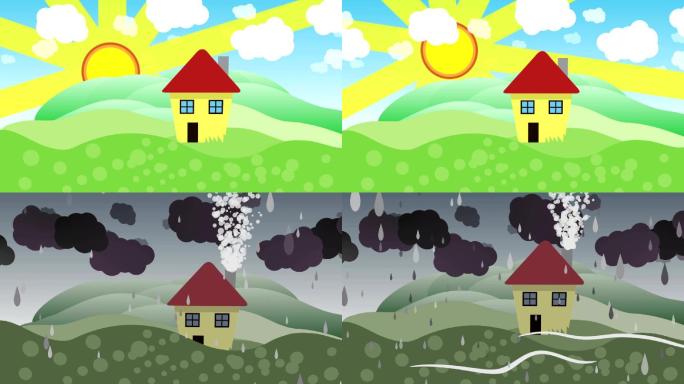 晴天和雨天房子的二维动画