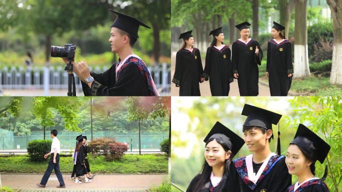 大学毕业一组 学士服 朋友一起开心拍照