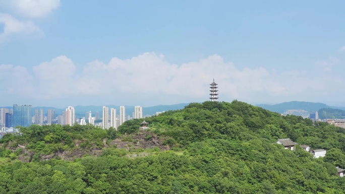 航拍诸暨西施故里旅游景区山顶金鸡塔