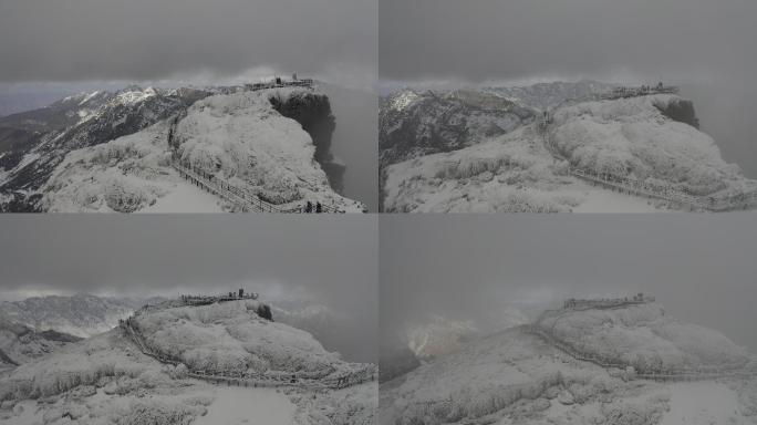 轿子雪山大雪云雾栈道航拍