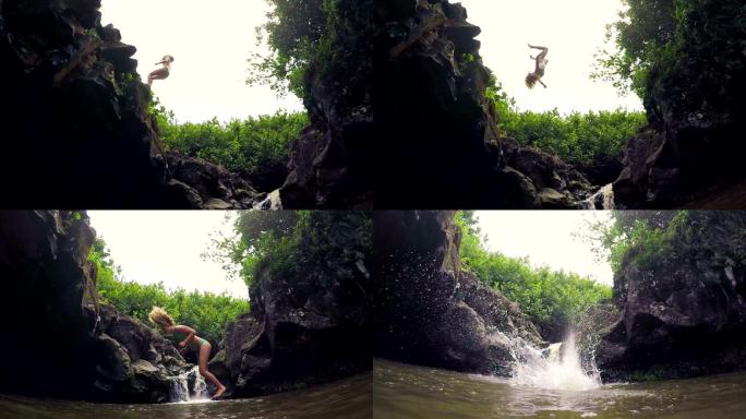 年轻女子后空翻从悬崖上跳入水中。
