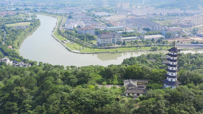 航拍诸暨西施故里旅游景区山顶金鸡塔