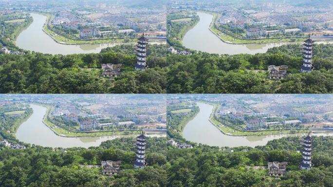 航拍诸暨西施故里旅游景区山顶金鸡塔