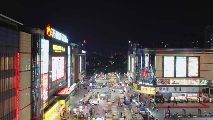 航拍夜晚诸暨商业中心万风新天地道路交通