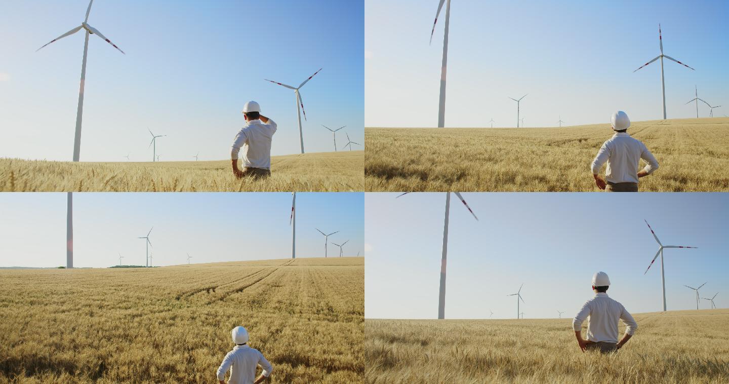 工程师在麦田里观察风力涡轮机