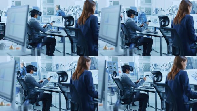 现代工厂：工程师戴着虚拟现实耳机