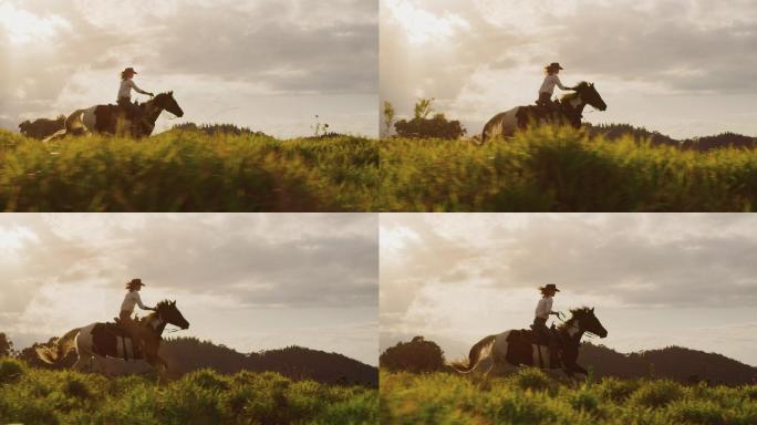 女牛仔骑马野外草原骏马奔跑奔驰狂奔