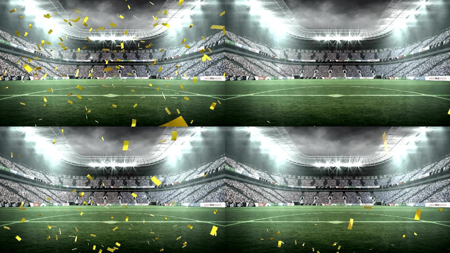 金色五彩纸屑落在足球场的数字动画。