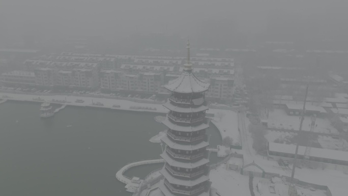 菏泽青年湖雪景航拍1080P 60帧