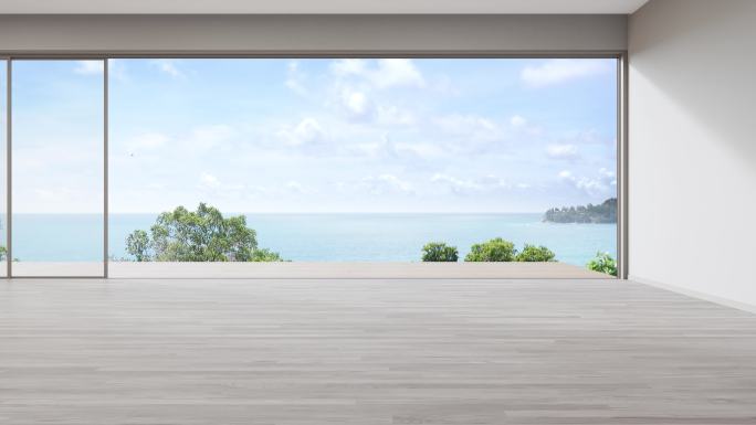 具有海滩和海景的最小家庭内部3d渲染。